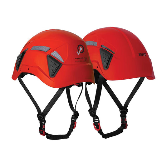 Zero Pinnacle Vent Multi Impact Helmet: Red, featuring built-in vents, black chin straps, and earmuff slots, perfect for industrial, construction, and climbing use. Lightweight with adjustable chinstrap and protective mesh-covered aeration holes.