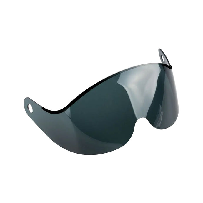Zero Pinnacle Visor: Smoke, a polycarbonate visor designed for Pinnacle helmets, shown close-up with its low-profile design. Features include medium impact resistance, scratch and fog resistance, and UV filtration.