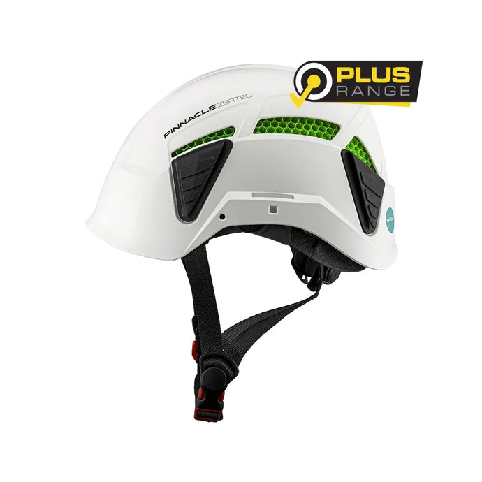 Zero Pinnacle Zertec Vented Multi Impact Helmet: White hard hat with green honeycomb vents, black chinstrap, and branded logos, offering advanced multi-impact protection and ventilation for workplace safety.