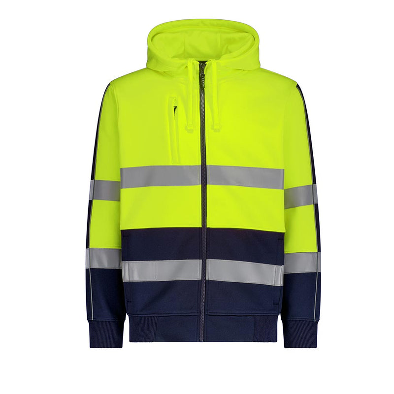 Load image into Gallery viewer, Syzmik Unisex Hi Vis Full Zip Stretch Taped Hoodie features a zip-up design with reflective bands for visibility. It includes a zippered chest pocket, kangaroo pockets, ribbed cuffs, and a drawcord hood.
