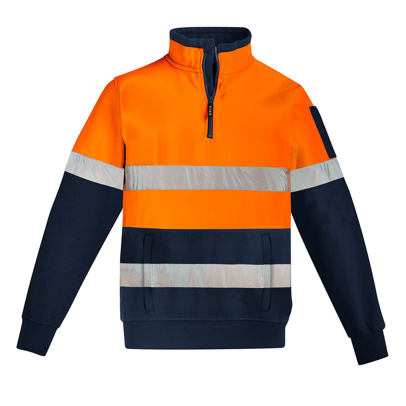 Load image into Gallery viewer, Syzmik Hi Vis 1/4 Zip Taped Fleece Pullover Jumper features a fluorescent orange and navy design, silver reflective bands, zippered hip pockets, and a pen pocket, ideal for safety and comfort.
