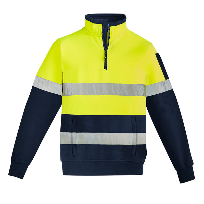 Load image into Gallery viewer, Syzmik Hi Vis 1/4 Zip Taped Fleece Pullover Jumper features fluorescent yellow and navy sections, reflective bands, a quarter-zip mock collar, kangaroo pocket, and zippered hip pockets for secure storage.
