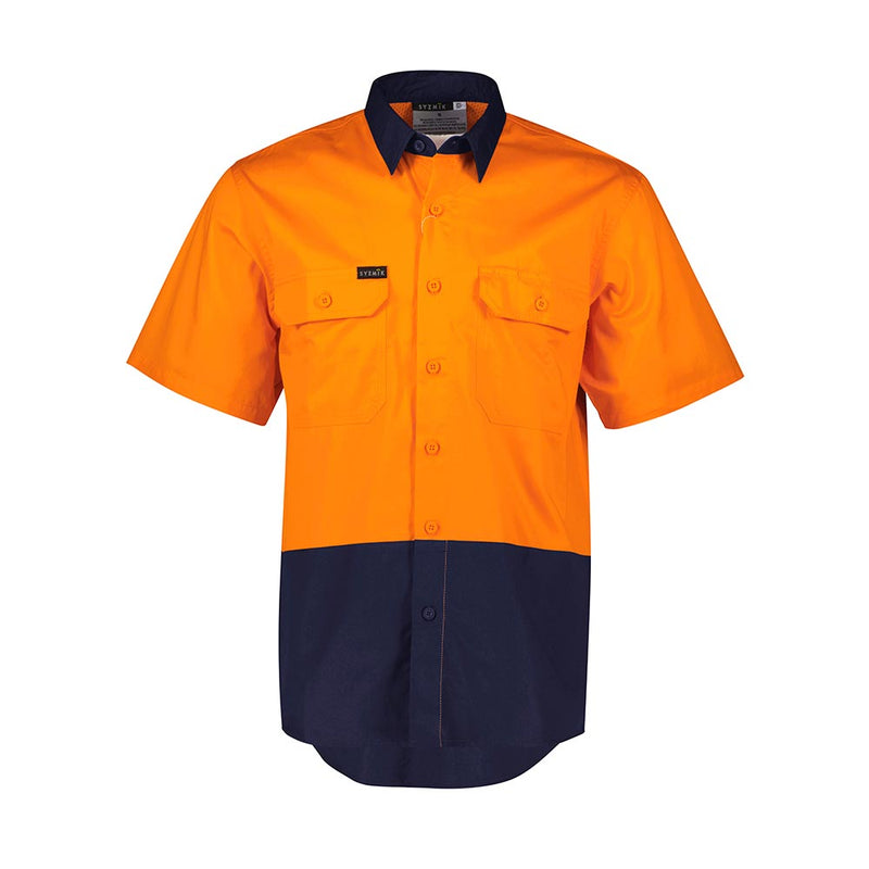 Load image into Gallery viewer, Syzmik Mens Hi Vis Short Sleeve Shirt, featuring high-visibility design with mesh venting and triple-stitched seams, ideal for safety workwear. Includes chest pockets with button closures and pen partition for practicality.
