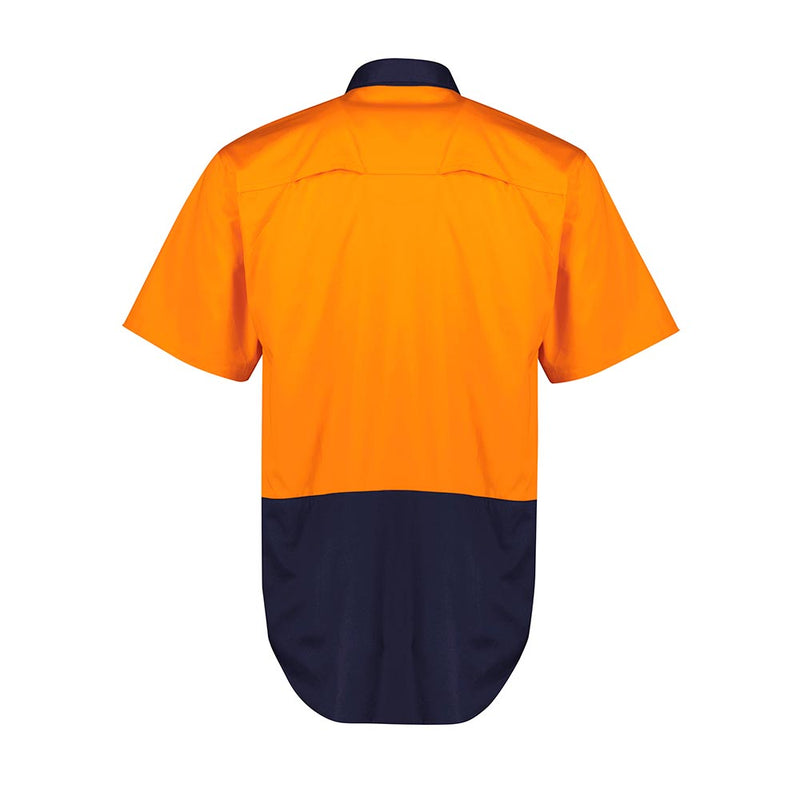 Load image into Gallery viewer, Syzmik Mens Hi Vis Short Sleeve Shirt features a bright orange back with navy lower section, showcasing underarm and upper back mesh venting, blending safety and comfort for workplace efficiency.
