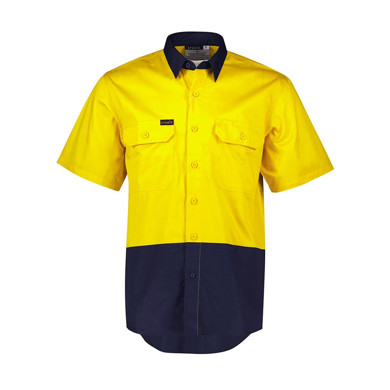 Load image into Gallery viewer, Syzmik Mens Hi Vis Short Sleeve Shirt features a two-tone design with mesh venting, button-down front, contrast collar, triple-stitched seams, and two chest pockets, ideal for workplace safety and comfort.
