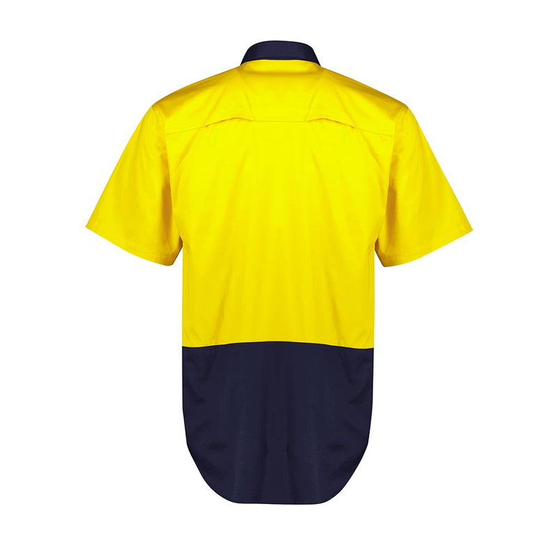 Load image into Gallery viewer, Syzmik Mens Hi Vis Short Sleeve Shirt featuring a high-visibility yellow upper and navy lower half, designed with underarm and back mesh venting, plus two chest pockets, ideal for safety-conscious workplaces.
