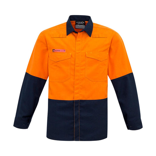 Syzmik Hi Vis FR Metatech Spliced Shirt with high-visibility orange top and navy bottom, featuring a button-up front, navy collar, and dual chest pockets, designed for safety with fire-resistant materials.