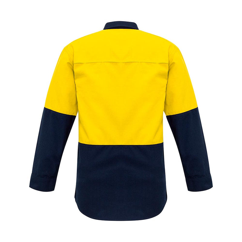 Load image into Gallery viewer, Syzmik Hi Vis FR Metatech Spliced Shirt, featuring a bright yellow and navy two-tone design, showcases a straight back yoke, gusset sleeve closures, and concealed FR press stud closures for enhanced safety.
