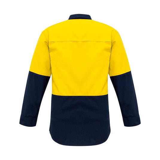 Syzmik Hi Vis FR Metatech Spliced Shirt, featuring a bright yellow and navy two-tone design, showcases a straight back yoke, gusset sleeve closures, and concealed FR press stud closures for enhanced safety.