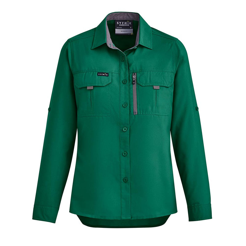 Load image into Gallery viewer, Syzmik Womens Long Sleeve Outdoor Shirt featuring roll-up tab sleeves, two chest pockets, and a mobile phone chest zip pocket. The lightweight, breathable polyester fabric with mesh venting ensures comfort for active, outdoor use.
