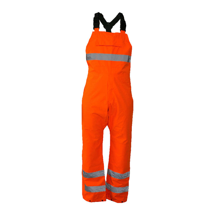 Caution Hi Vis Bib Overtrouser, Orange: features reflective stripes, adjustable elastic shoulder straps, and a large Velcro pocket for security, designed for enhanced safety and durability in work environments.