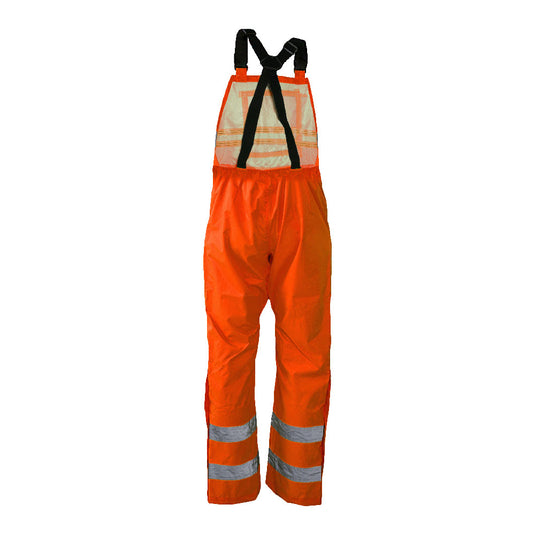Caution Hi Vis Bib Overtrouser, Orange, featuring reflective stripes, adjustable shoulder straps, and a secure Velcro chest pocket, designed for high visibility and durability in safety work environments.