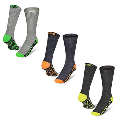 FXD SK-1 Work Socks: Size 7-11 (5 Pack) featuring a jersey knit design with jacquard logo, padded foot bed, heel, and arch support. Displayed in assorted colors, ideal for safety and workwear.