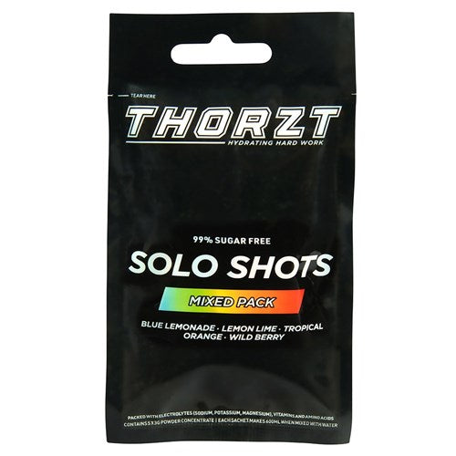 Load image into Gallery viewer, Thorzt Solo Shot Sachet, Mixed 5 Fruits: 5/Pack, features a sleek black package with prominent white text, ideal for enhancing hydration and performance, aligning with Active Safety's commitment to quality workplace supplies.
